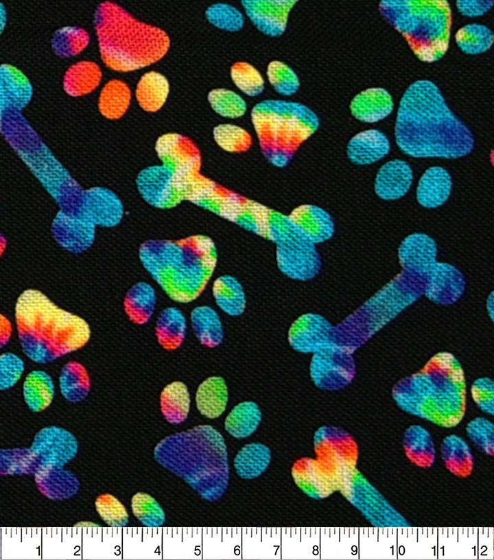 Multicolor Dog Bones & Paw Prints Novelty Cotton Fabric