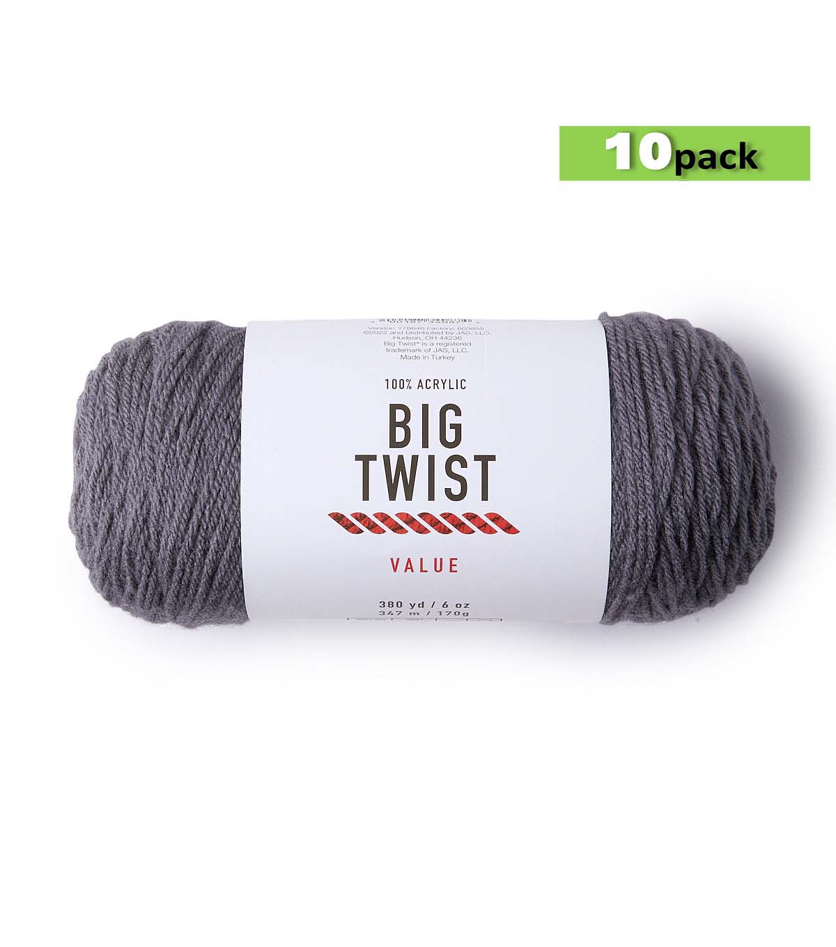 10pk Solid Titanium Medium Weight Acrylic 380yd Value Yarn by Big Twist