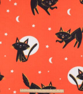 Cats & Moons On Orange Blizzard Fleece Fabric