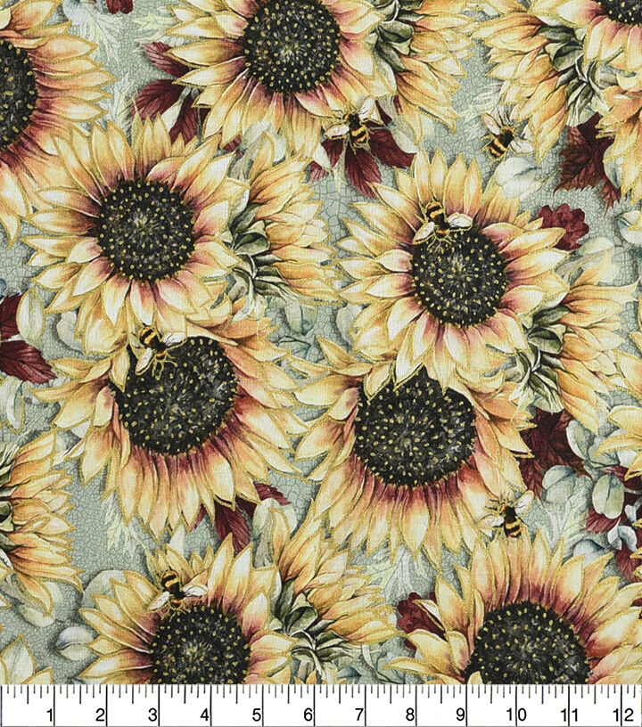 Yellow Sunflowers & Bees Premium Cotton Fabric