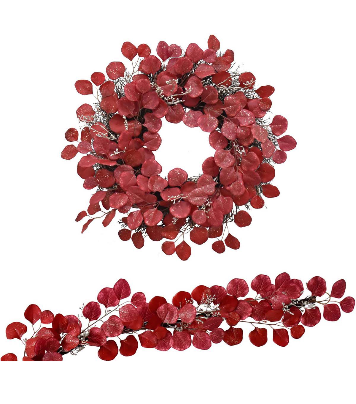 Holiday Red Glitter Eucalyptus Coordinating Wreath & Garland