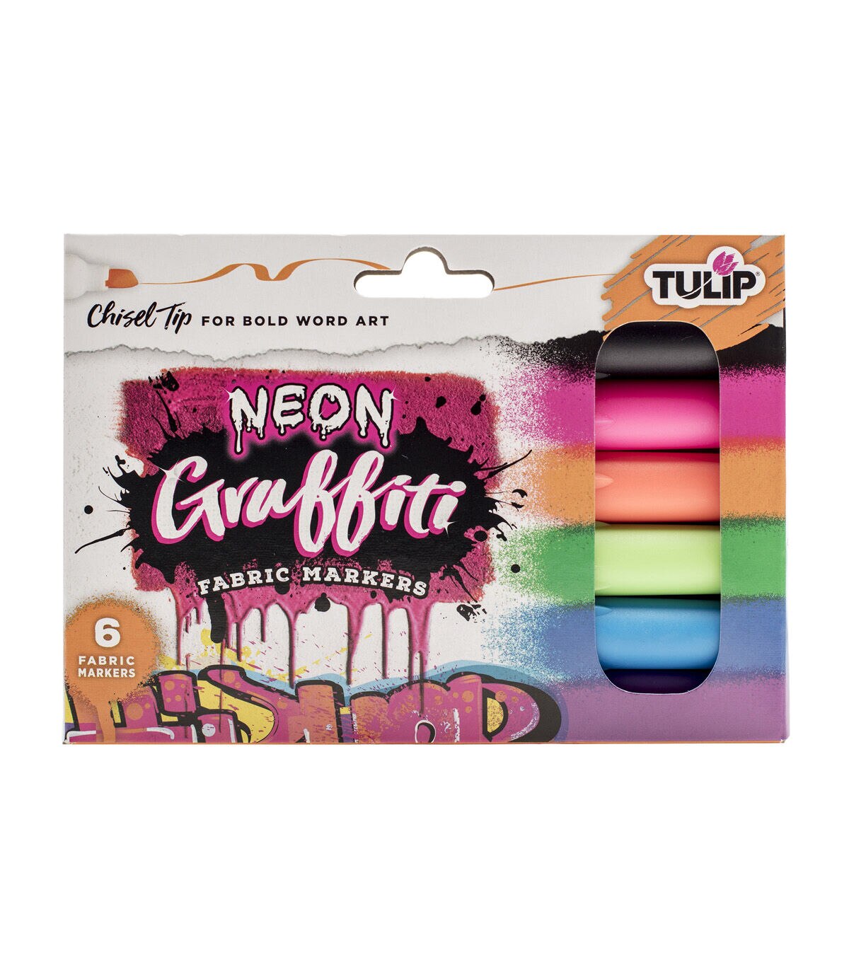 Tulip 6 pk Graffiti Chisel Tip Fabric Markers Neon