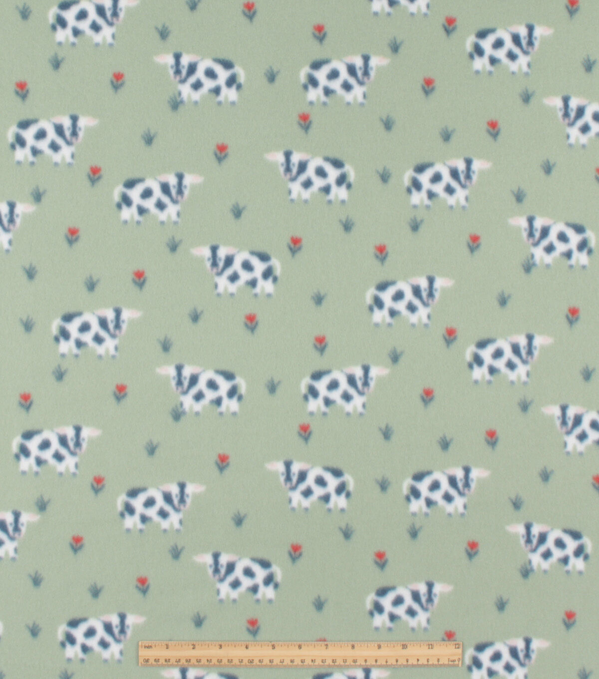 Cows Grazing on Green Blizzard Fleece Fabric