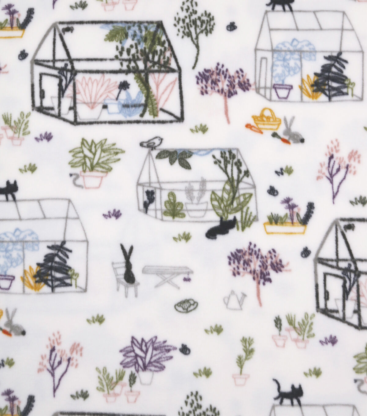 Greenhouses on White Anti Pill Fleece Fabric