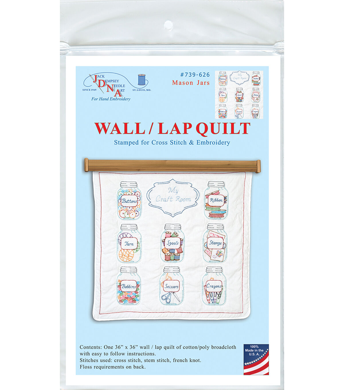 Stamped White Wall Or Lap Quilt 36X36 Mason Jars