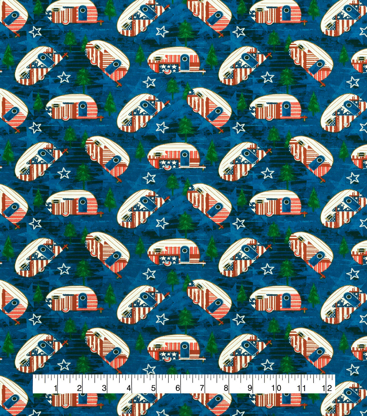 Americana Campers Metallic Patriotic Cotton Fabric