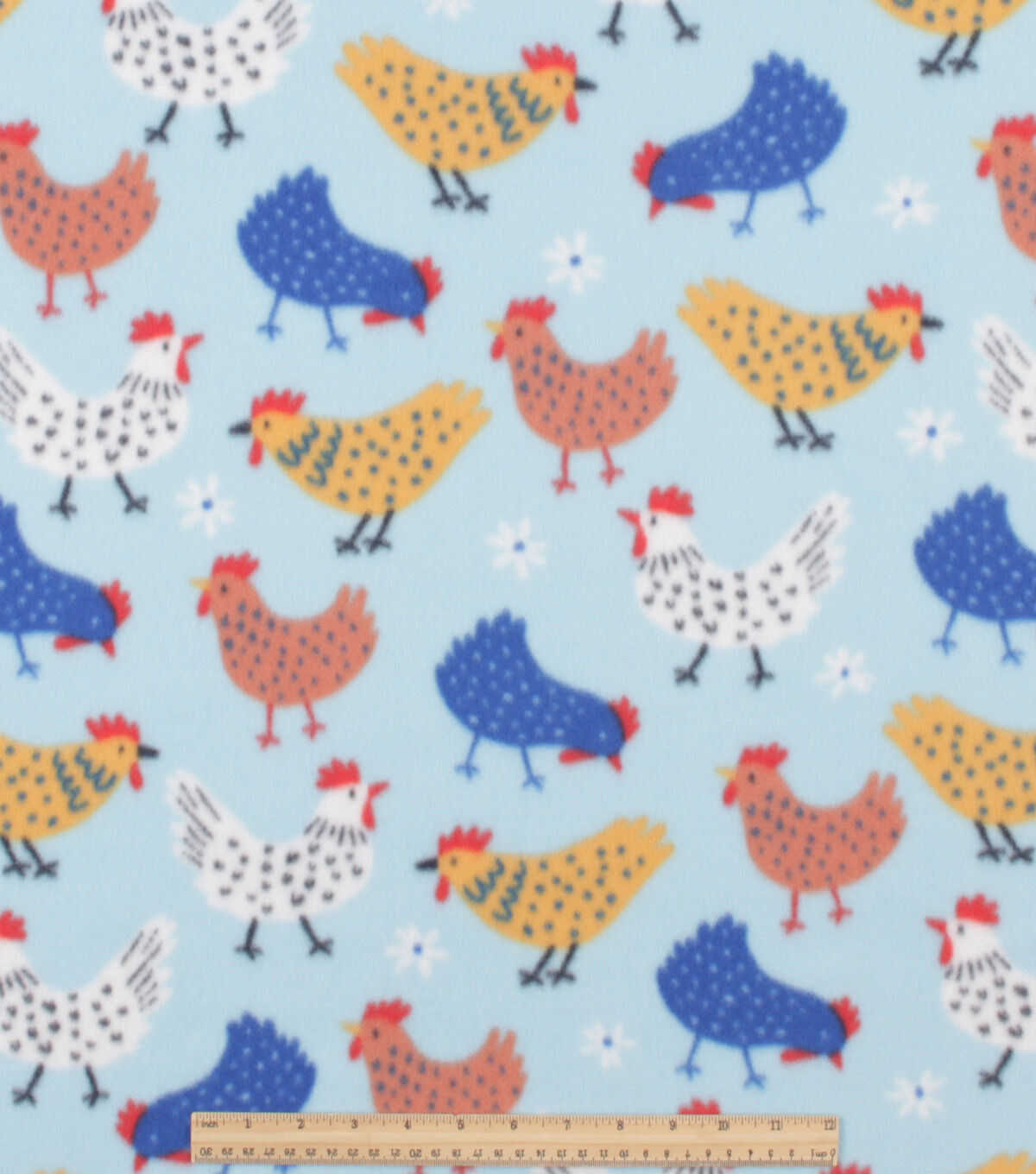 Chickens on Blue Blizzard Fleece Fabric