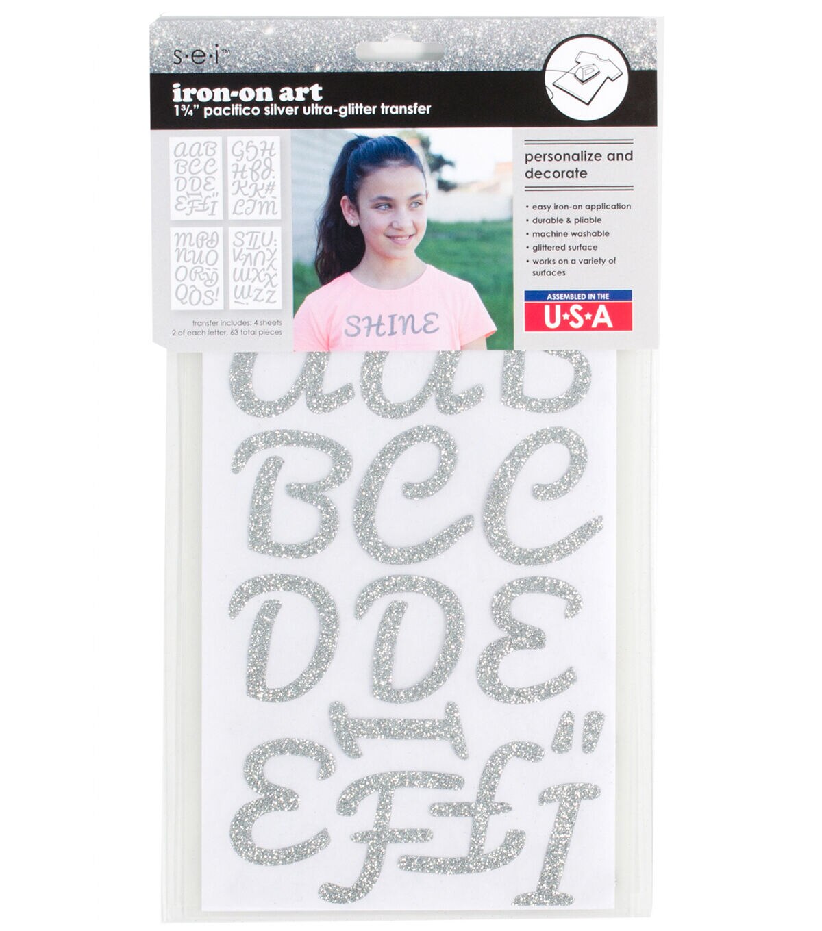 SEI 2 Silver Iron On Art Ultra Glitter Letters 63ct