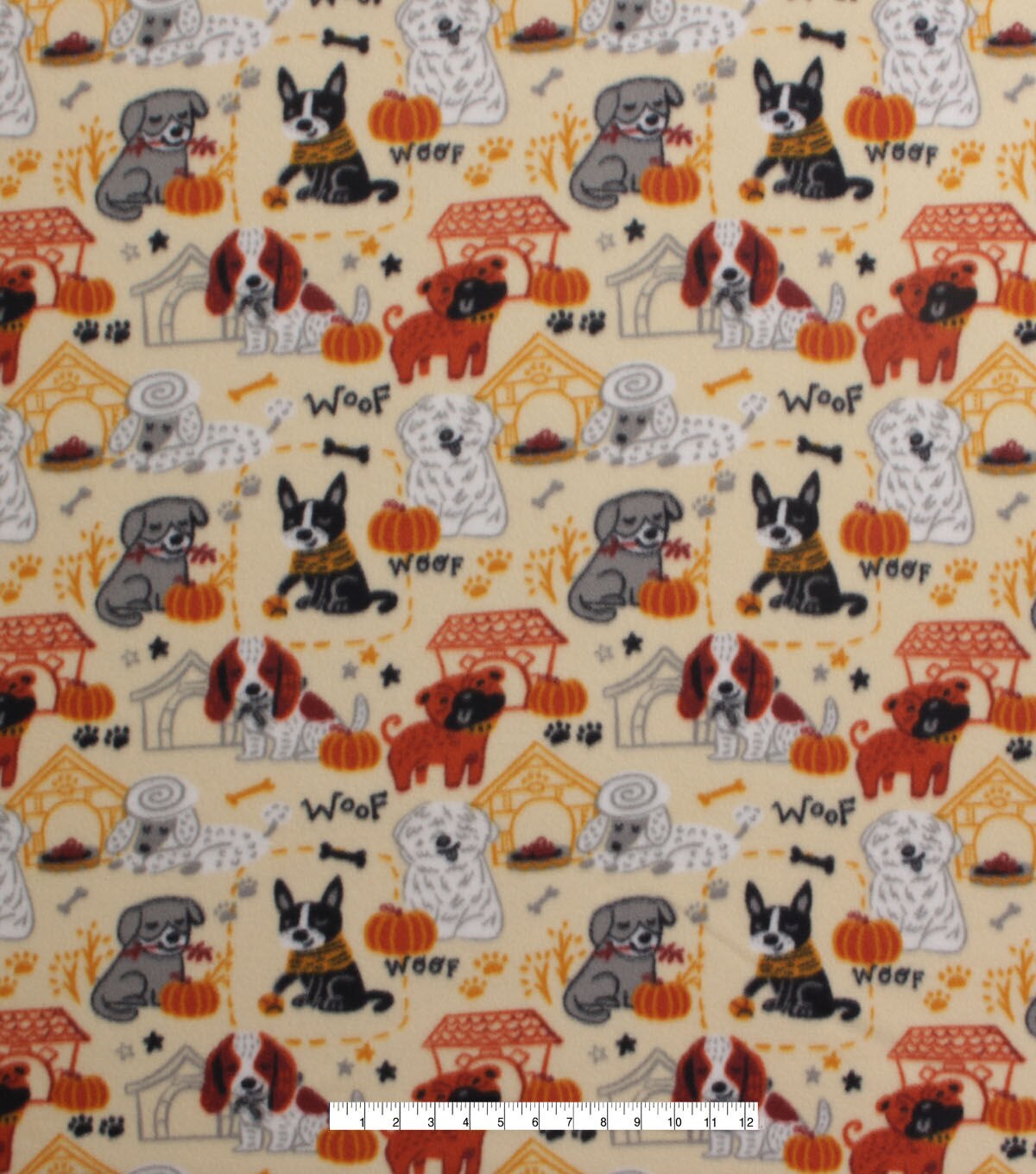 Pups & Pumpkins on Yellow Blizzard Fleece Fabric