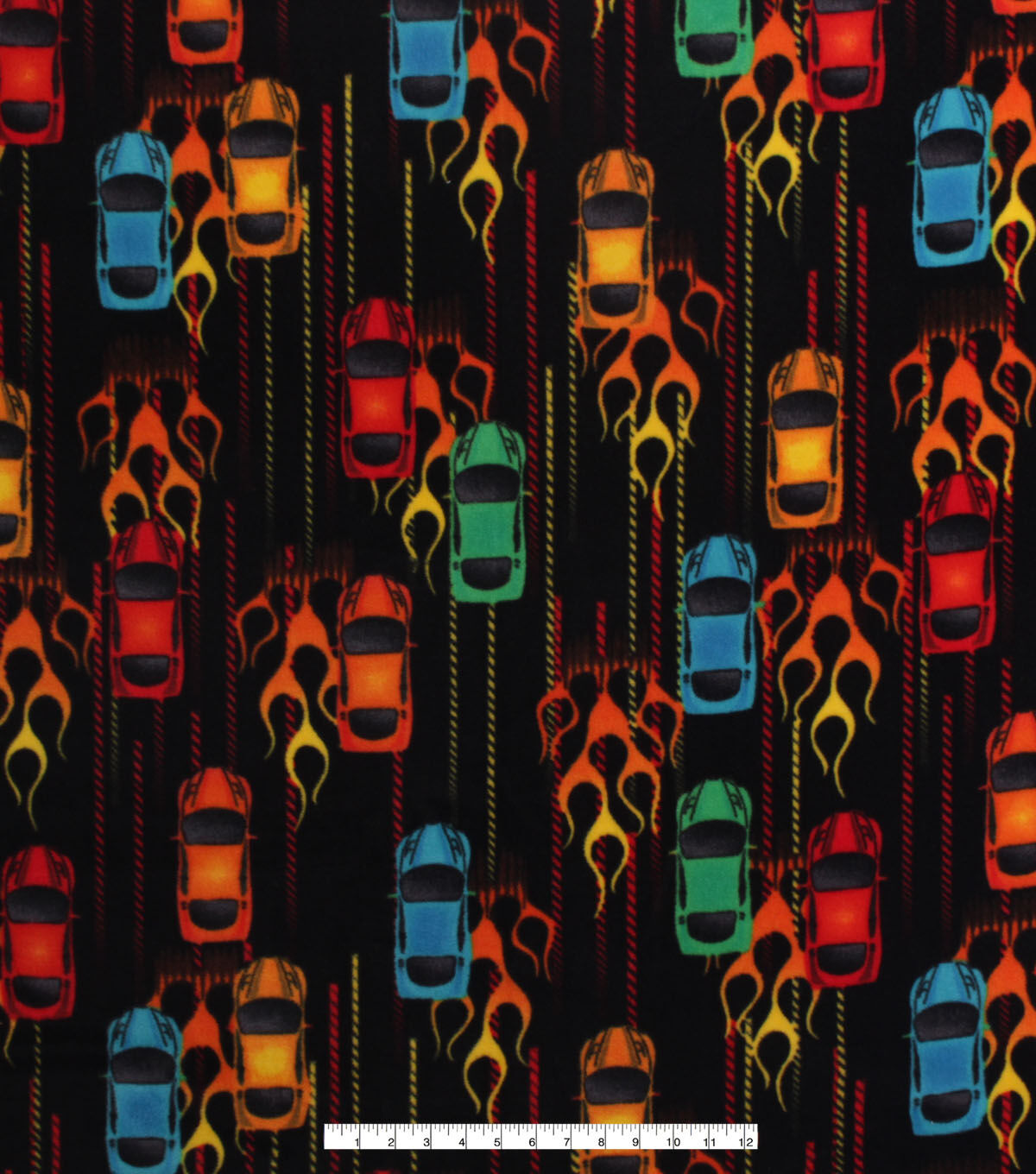 Fast Cars & Flames on Black Anti Pill Fleece Fabric