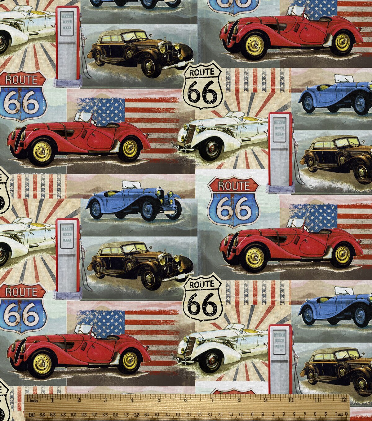 David Textiles Red Vintage American Cars Novelty Cotton Fabric