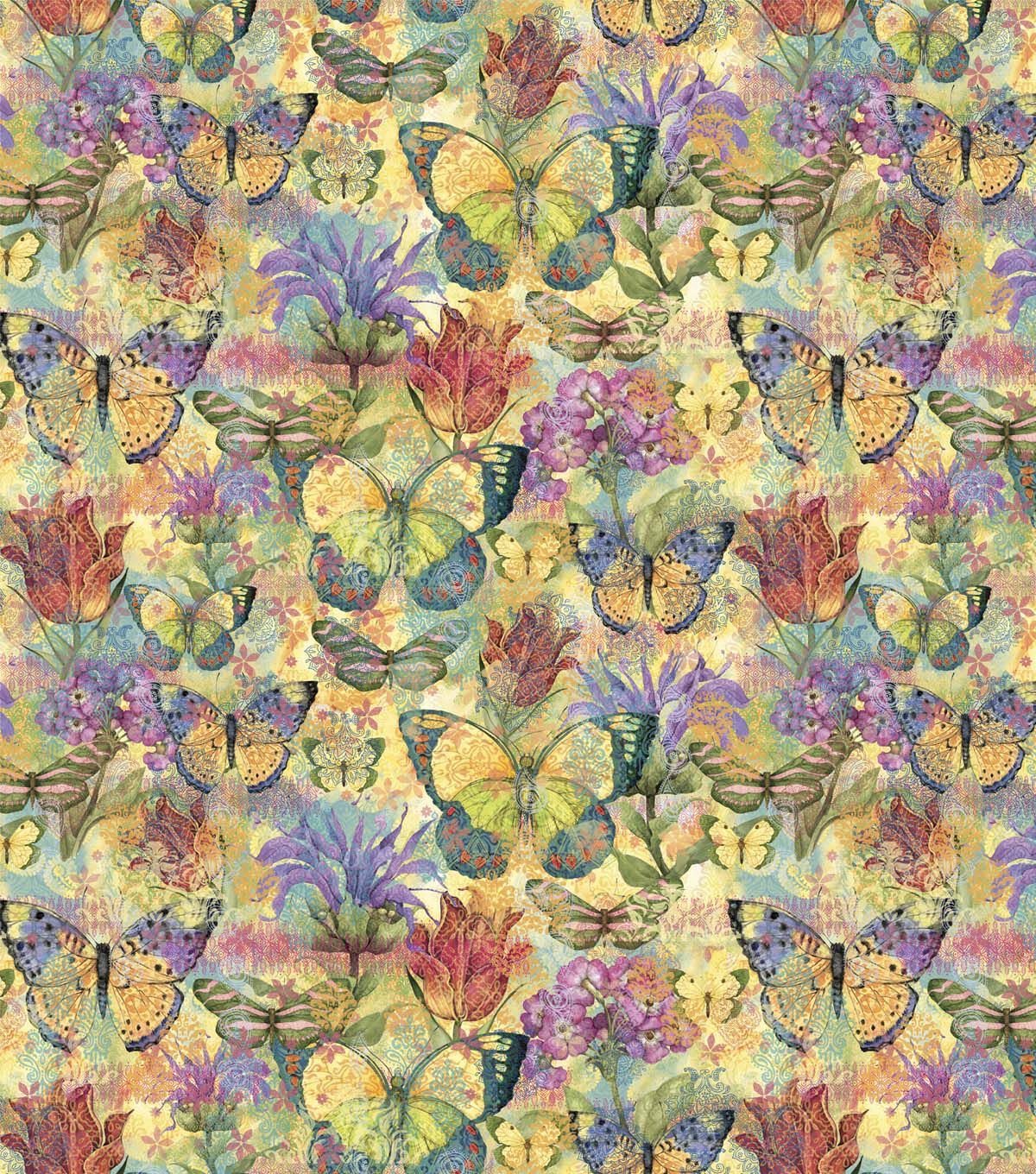 Susan Winget Yellow Butterfly Floral Garden Premium Cotton Fabric
